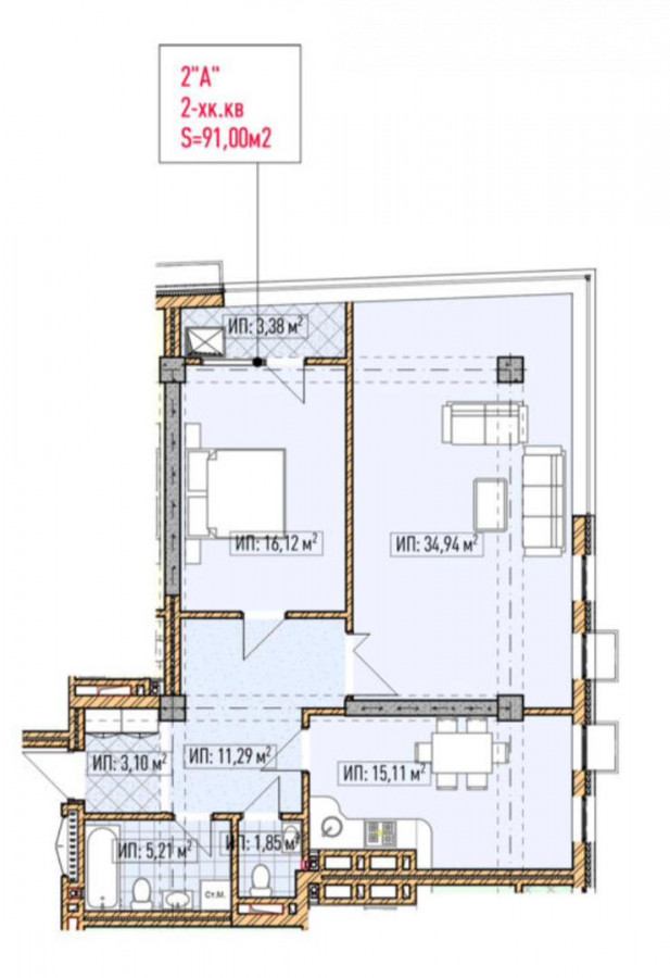 2-комн. кв., 91 м2