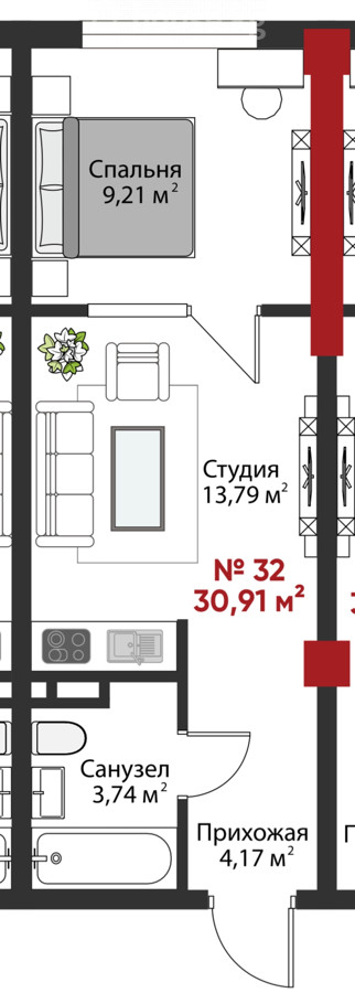 2-комн. кв., 31 м2